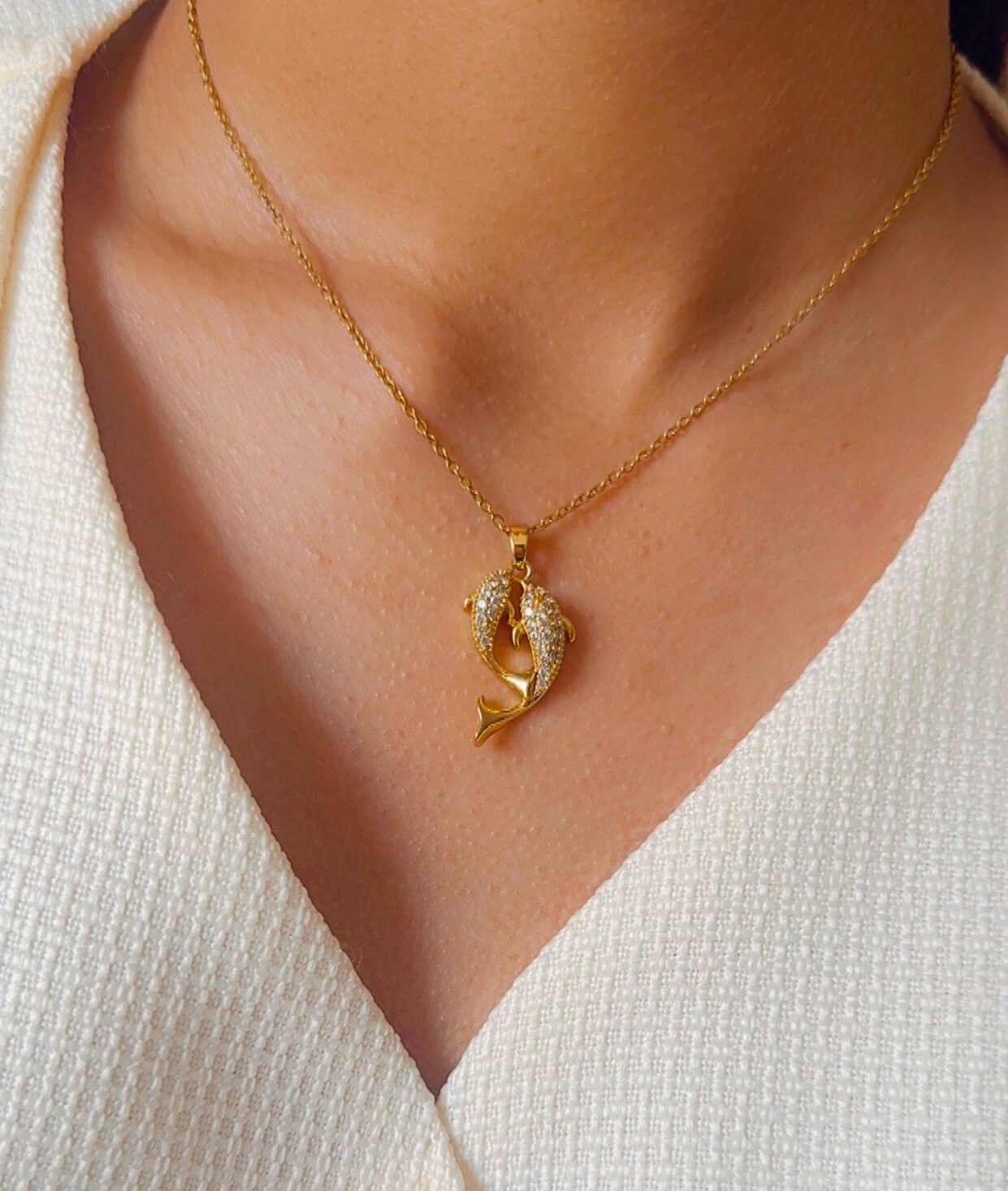 Double Fish 18k Gold-Plated Necklace With Dolphin And Koi Pendant - Image 2