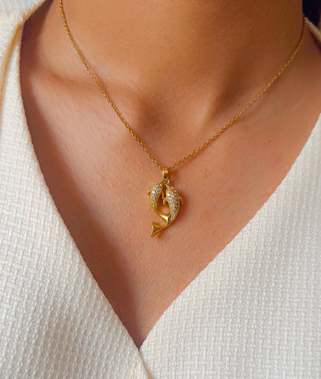 Double Fish 18k Gold-Plated Necklace With Dolphin And Koi Pendant - Image 3