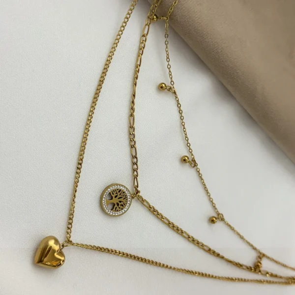 Life Tree Gold Plated Chain Necklace with Life Tree and Heart Design Pendant
